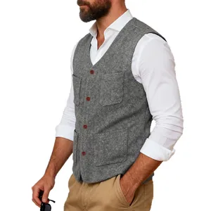 Professional men's slim fit grey wool tweed vest for business casual or vintage style wear.