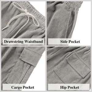 Detail view of men's corduroy cargo pants showing drawstring waist and multi-pocket design.