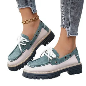 Mocasines de plataforma para mujer estilo británico con cordones blancos y color block