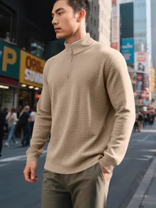 Felpa da uomo con mezza zip in jacquard kaki e colletto alla coreana minimalista