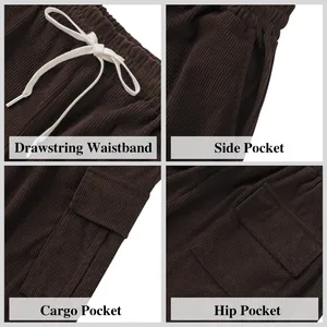 Detail view of men's brown corduroy cargo pants with drawstring and pockets.