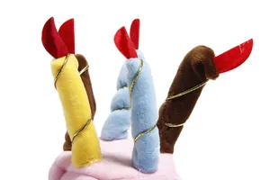 Dettaglio di candele colorate in peluche su un cappello rosa di compleanno per animali
