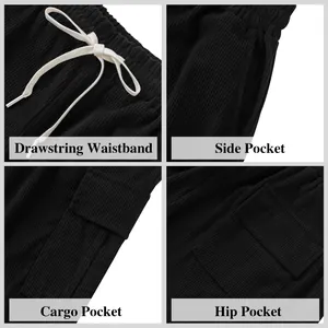 Detail view of black corduroy pants pockets and drawstring waistband