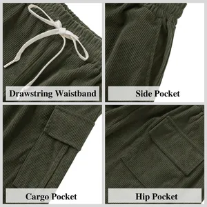 Details of men's heavy green corduroy cargo pants showing pockets and drawstring