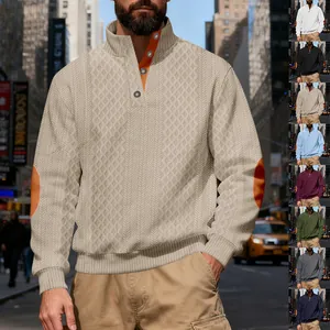 Felpa Uomo American Retro con Textura Pesante Colletto in Piedi Blocchi di Colore Toppe sui Gomiti Pullover Casual Largo