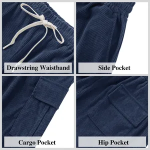 Close-up shots showing the drawstring waistband, side pockets and cargo pocket details.