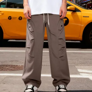 Premium men's high street wide-leg pants with unique curved seam and side cargo pockets
