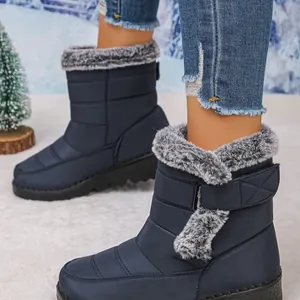 Women's waterproof warm snow boots with faux fur trim and velcro strap for winter