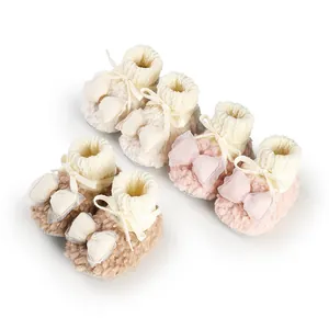 Winter warm plush baby girl booties with cute bow decoration set