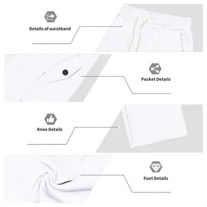 Detailed views showing waistband, pocket, knee, and hem of white wide-leg sports pants