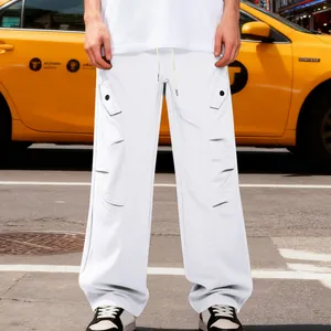Macro detail of white heavy-duty wide-leg cargo sweatpants with drawstring waist