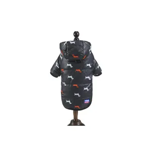 Back view of thick padded dog winter coat with colorful dachshund silhouette patterns
