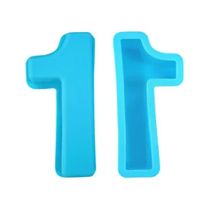 Macro view of a blue 4-inch silicone number 1 mold for cakes and resin crafts.
