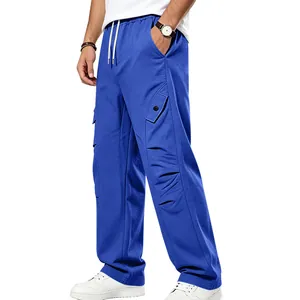 Pantalon cargo bleu pour homme à jambes larges avec coutures incurvées et tissu lourd