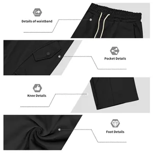 Detail shots of black heavyweight hip-hop wide-leg casual pants showing waistband and pocket