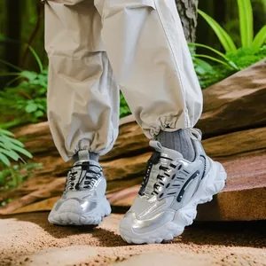 Zapatillas chunky de cuero plateado de calidad para mujer zapatos de senderismo