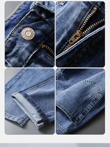Detail shots of blue men's stretch jeans featuring zipper, button, and pocket stitching