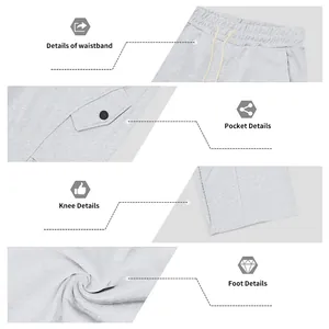Detailed close-ups of heavyweight grey wide-leg joggers showing waistband and pocket texture