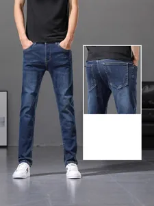 Professional mens slim fit straight leg jeans in high quality dark blue stretch denim