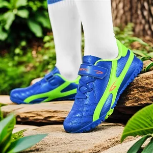 Chaussures de football extérieur pour enfants bleu et vert citron avec scratch