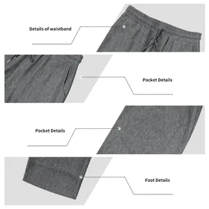 Detailaufnahmen einer grauen Jogginghose mit Fokus auf Bund, Taschen und Beinsaum.