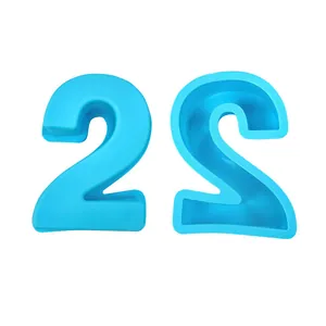 Close-up detail of light blue 4-inch silicone number 2 mold for cake and chocolate
