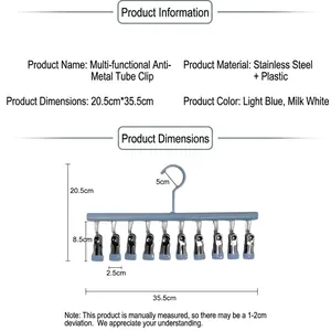 Dimensiones detalladas de una percha multifuncional multi-clip de acero inoxidable
