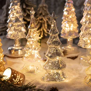 Alberi di Natale in vetro al mercurio con luci LED calde per decorazioni da tavolo