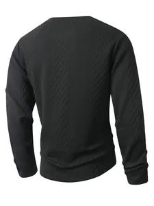 Back view of black round neck long sleeve pullover featuring a textured diamond pattern