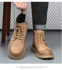 Detail view of men's tan leather Martin boots with thick EVA sole and side zipper