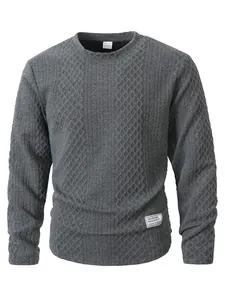 Detail view of a gray textured long-sleeve crewneck pullover sweatshirt