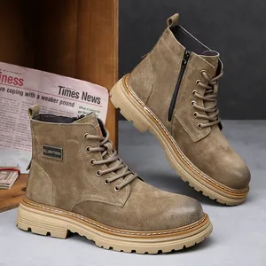Classic men's khaki leather Martin boots with thick lug sole and side zipper detail.