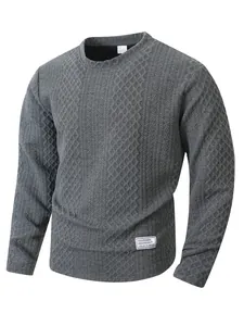 Detailed view of grey textured long-sleeved crewneck sweatshirt with diamond pattern