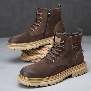Classic dark brown genuine leather men's Martin boots featuring thick rugged rubber soles