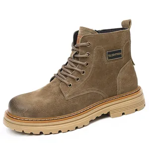 Men's brown leather Martin boots with thick rubber sole and warm lining