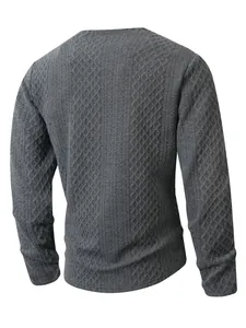 Detailed back view of a men's grey crewneck sweater with diamond knit pattern.
