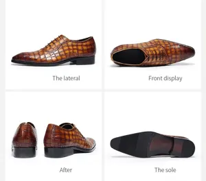 Vue détaillée sous quatre angles de chaussures derby en cuir marron gaufré à bout pointu