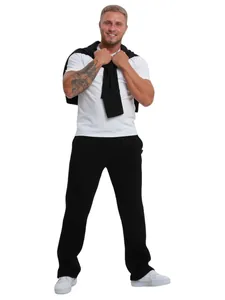 Full length view of men's casual black straight leg cotton sweatpants on a male model