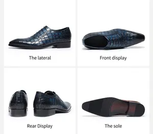 Vues détaillées de chaussures Derby formelles en cuir bleu gaufré crocodile pour hommes