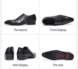 Vue détaillée sous quatre angles de chaussures derbies en cuir à motif crocodile
