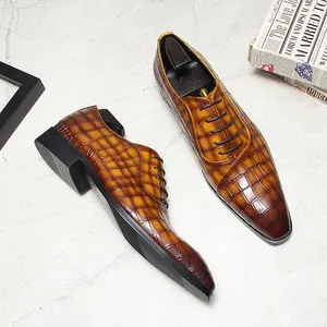 Chaussures Derby Homme Cuir de Vachette Pleine Fleur Motif Crocodile Bout Pointu Business Décontracté Chaussures de Ville
