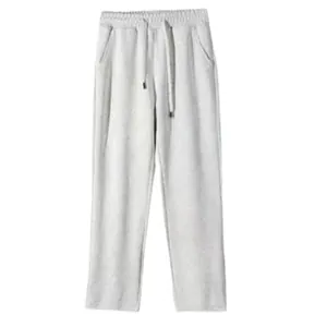 Full front view of light gray cotton straight-leg sweatpants featuring drawstring waist
