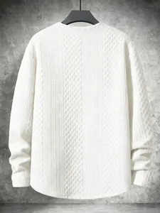 Close-up back view of white textured long sleeve casual crewneck sweatshirt for men