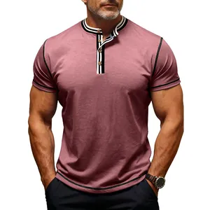 Men's Casual Henley T-Shirt Short Sleeve Cotton Blend Top Contrast Stitching Color Block Round Neck Shirt for Men