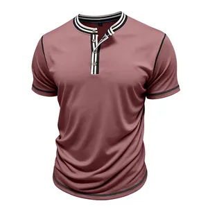 Men's short sleeve Henley T-shirt in dusty pink with contrast striped collar
