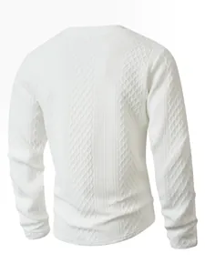 Detailed back view of white textured crew neck pullover sweater with cable knit patterns