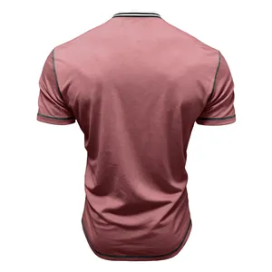 Detailed back view of men's dusty rose t-shirt featuring contrast stitching and crew neck.