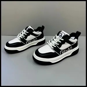 Premium black and white genuine leather men's sports sneakers with thick soles and casual style