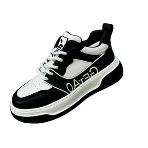 Premium black and white cowhide leather sneakers with thick soles for men's casual wear