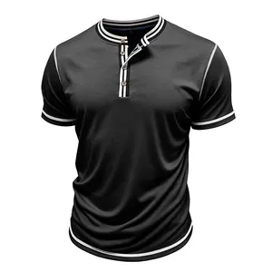 Detail view of a men's black short-sleeved Henley shirt with white stripe accents